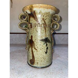 Vintage Ceramic Spoon Holder With Textured Handles & Unique Glaze Finish